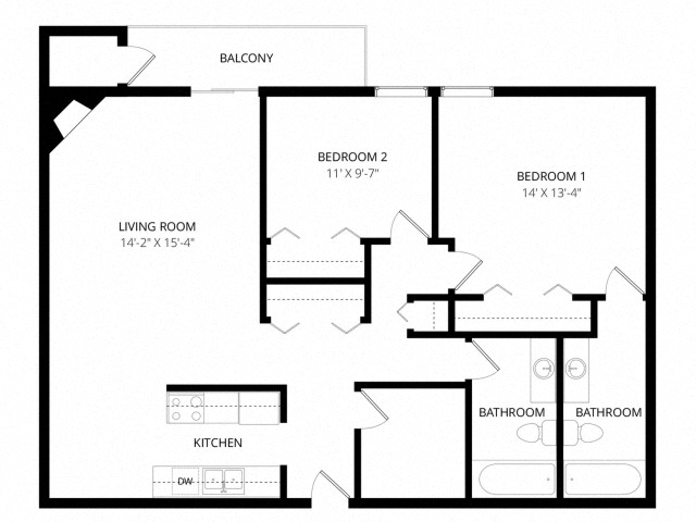Floor plan for 2 beds, 2 baths, 1034 sqft